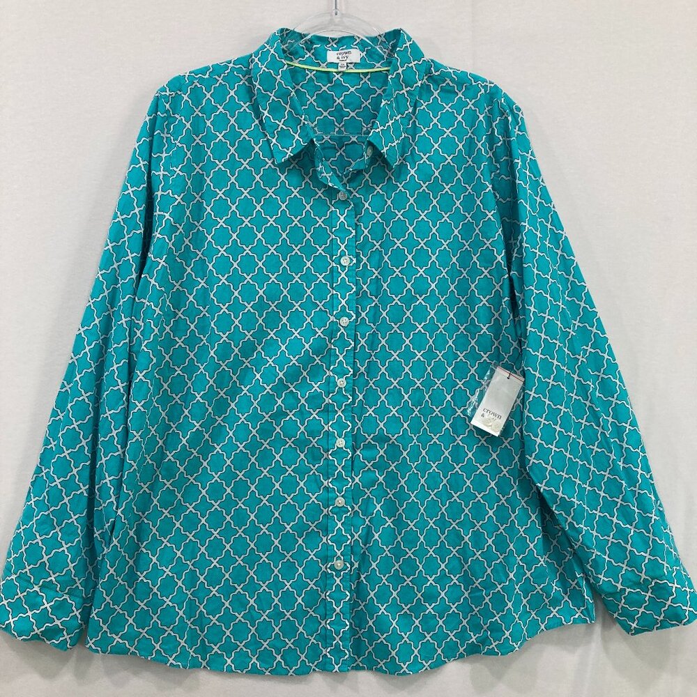 New Crown & Ivy Shirt size 3X Blue White Geometric Cotton Button Up Preppy